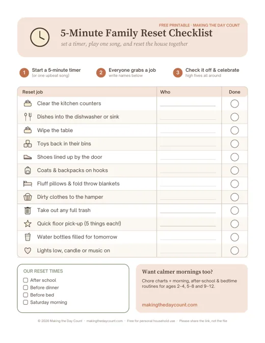 Free printable 5-Minute Family Reset Checklist with 12 quick tidy-up jobs and a column to write who does each one