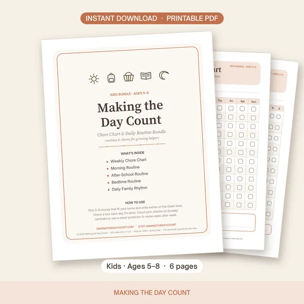 Kids chore chart printable for ages 5 to 8 with morning, after-school and bedtime routine checklists, terracotta cover